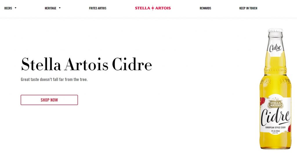 A screenshot from Stella Artoise's website showing a bottle of bright yellow Stella Artois Cidre in a glass bottle