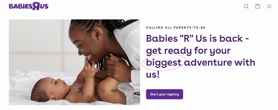 Babies R Us "is back" website screenshot
