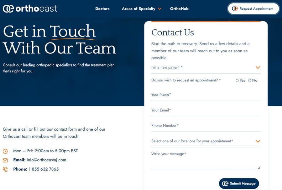 OrthoEast's contact form