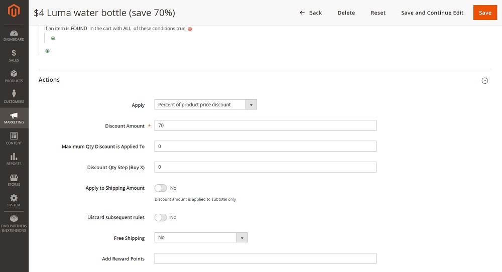 An image of the form fields used to add reward points to the cart price rule in Magento