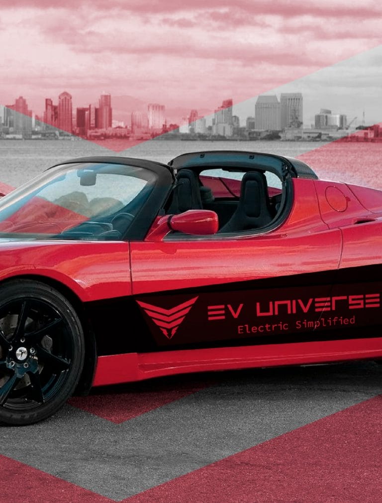 EV Universe branding on a red supercar