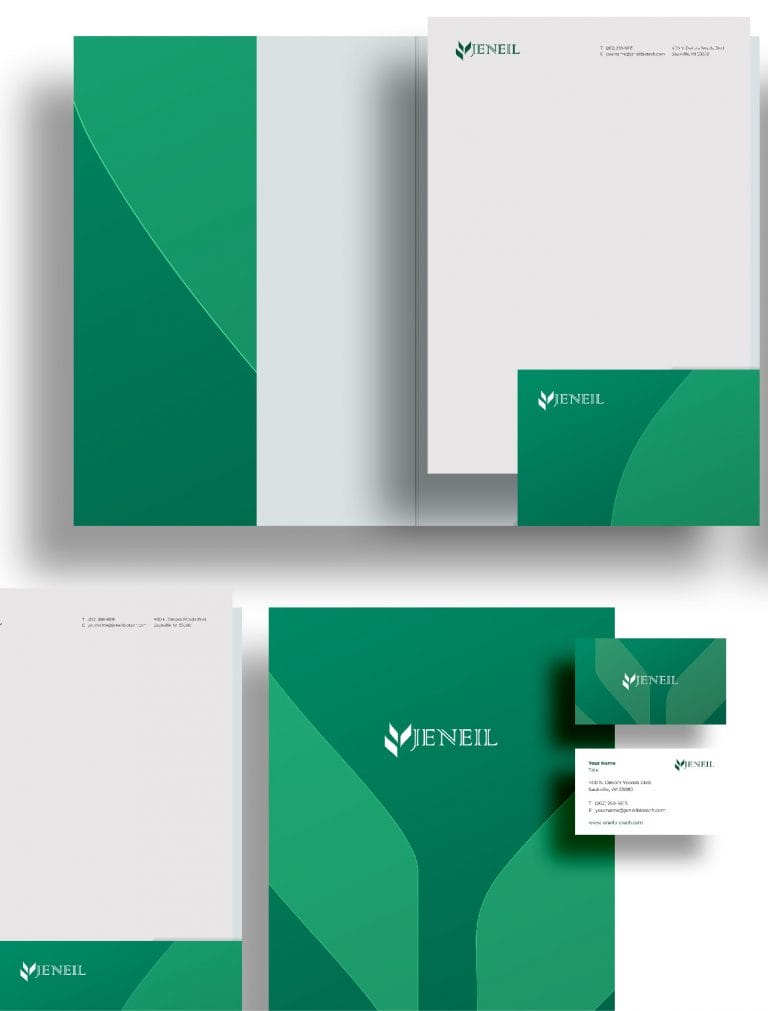 Color scheme and branding collateral mockups for Jeneil Biotech