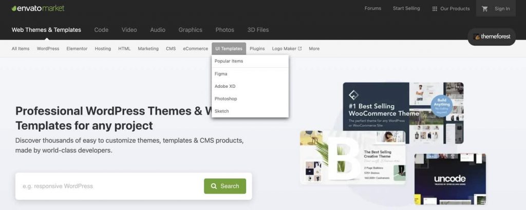 Screenshot of Theme Forest's homepage