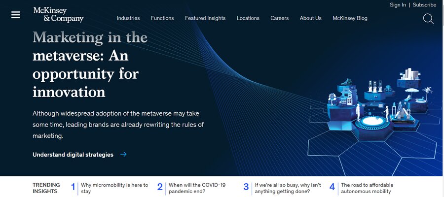 A screenshot of McKinsey's homepage boasting effective typography and interactive elements