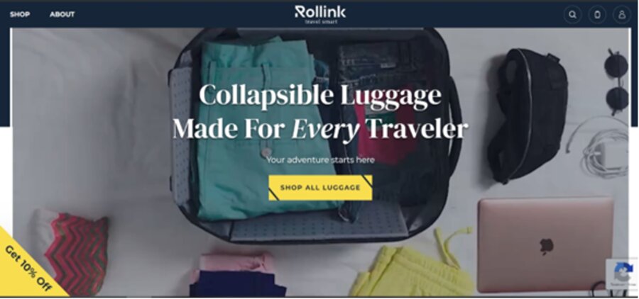A sreenshot of Rollink's homepage featuring an image of collapsible luggage