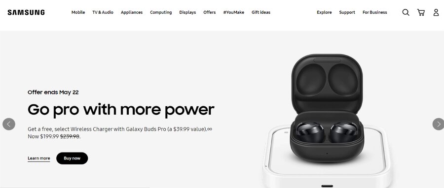 A screenshot of Samsung's minimalistic hero section featuring black Galaxy Buds Pro