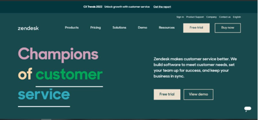 A screenshot of Zendesk's homepage featuring colorful kinetic typography