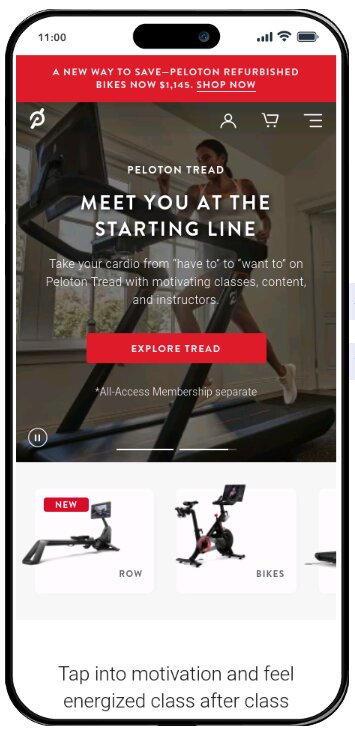 Peloton's home page header: "Full-body workout. Feel-good vibes."​