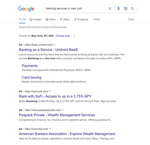 Google search result for 'banking services in New York'