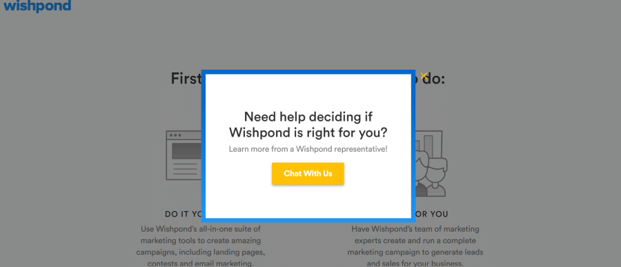 Screenshot of WishPond exit-intent pop-up alert as a ways to attract leads