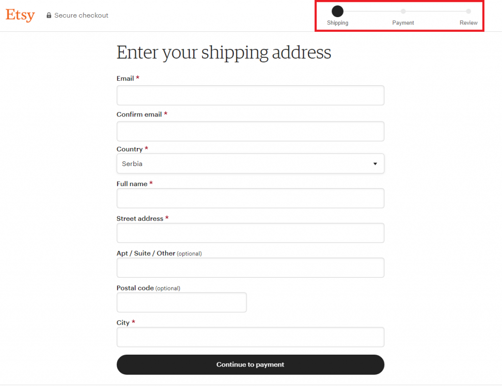 Etsy's checkout form