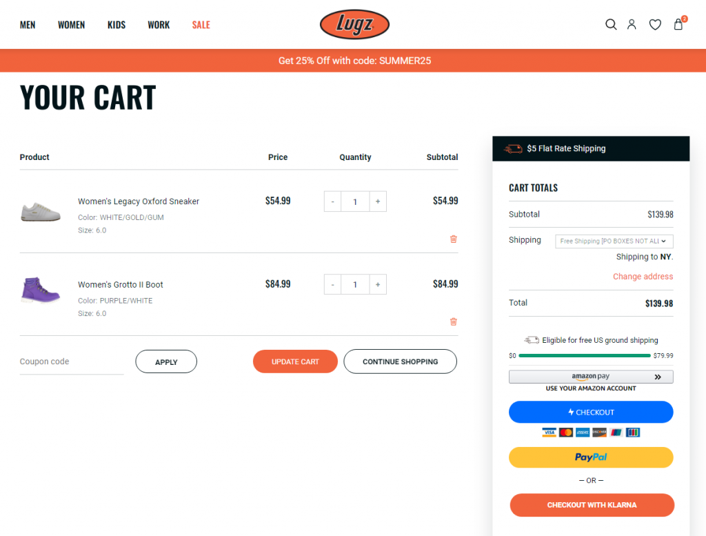 Lugz's checkout page