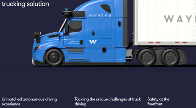 An image of a blue Waymo truck