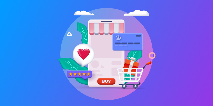 hero image example featuring eCommerce elements, such as a cart, a credit card...