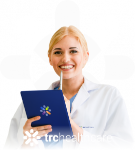A woman holds a branded clipboard for TRC Healthcare's lifestyle image
